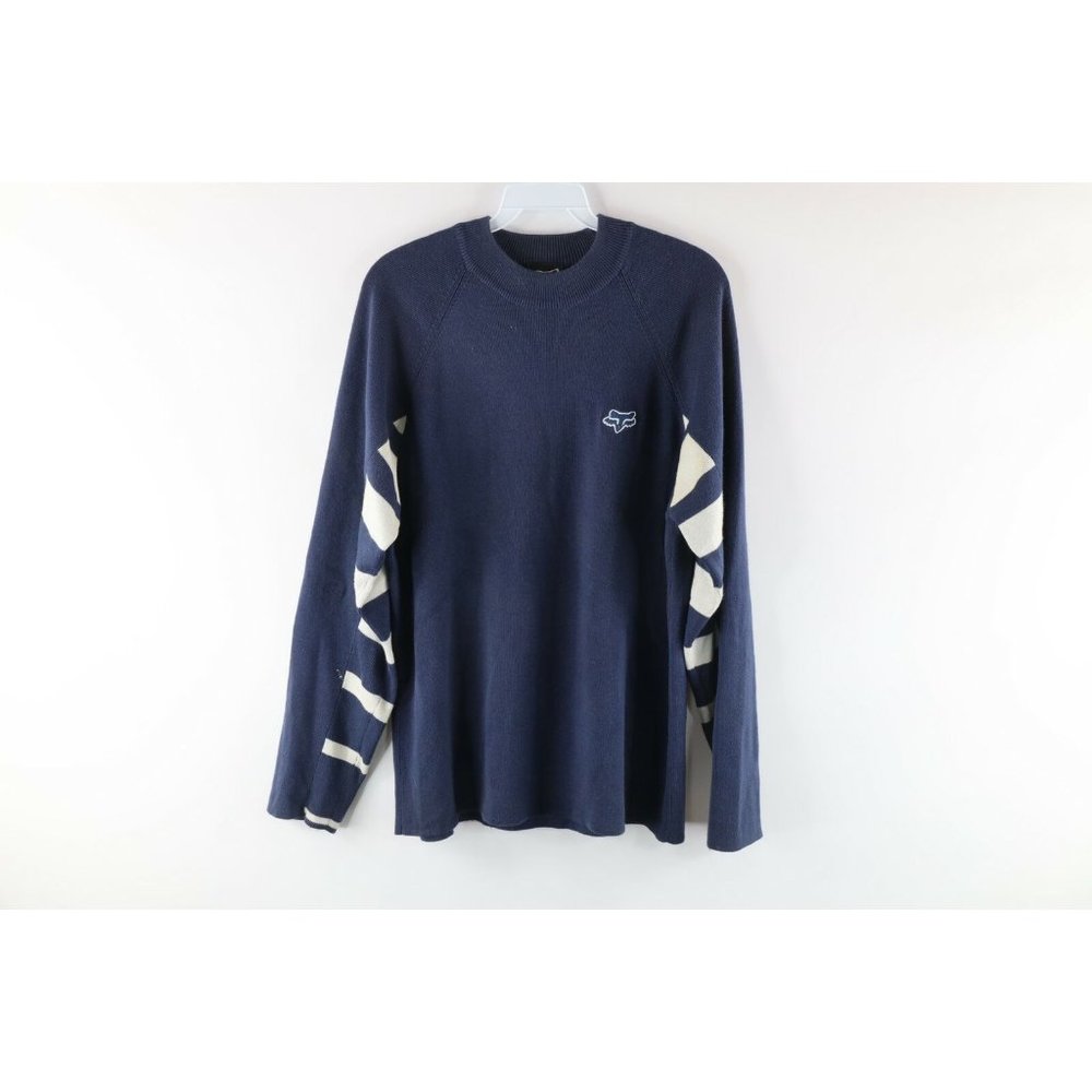 Vintage Fox Racing Mens Large Distressed Striped Color Block Knit Sweater Blue
